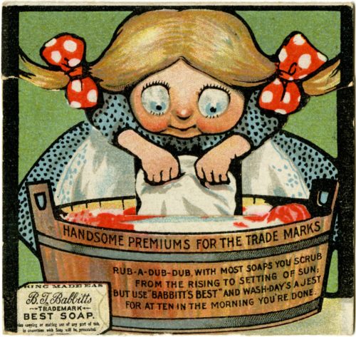 Illustration of female housemaid washing clothes in a wooden tub