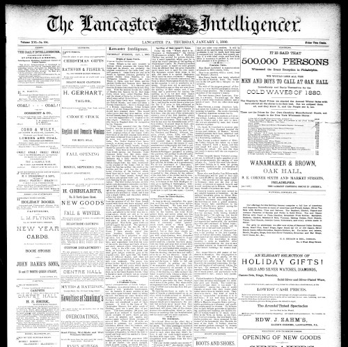 Front page of the Lancaster Daily Intelligencer, January 1, 1880