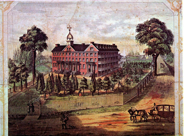 Color illustration depicting Lancaster Normal School, 1857