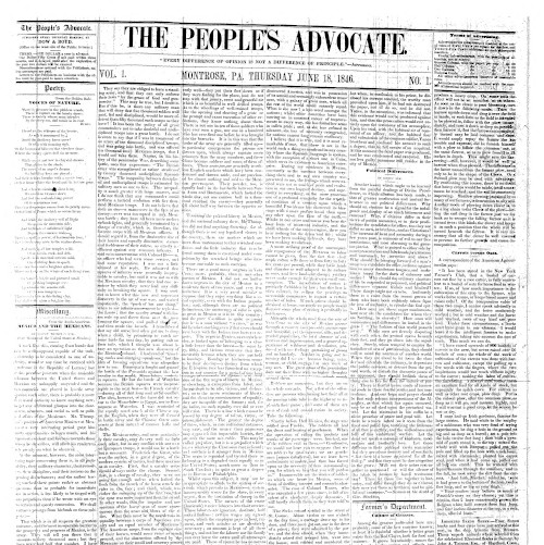 Front page of The People's Advocate, June 18, 1846
